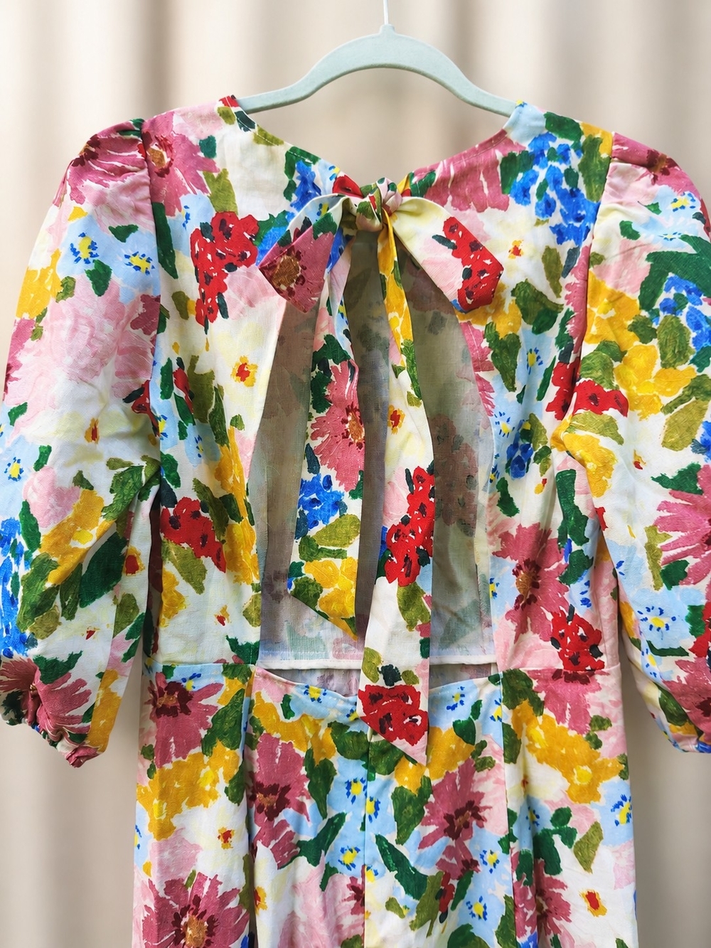 Sezane Jiana Dress Linen Blend Italy Floral Open Back Puff Sleeve Midi Luxury 4 - Picture 7 of 11